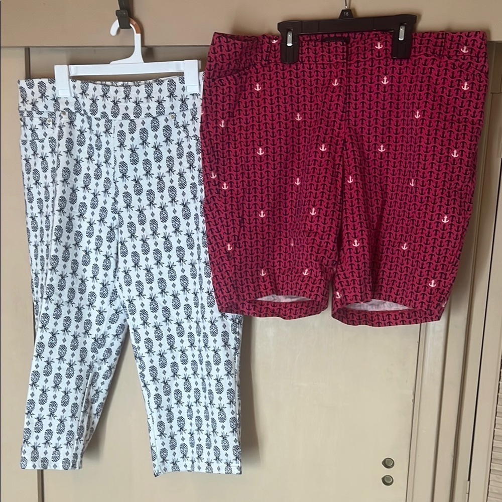 Talbots Pink & White Anchor Patterned Shorts & Ruby Rd white & navy capris SZ16